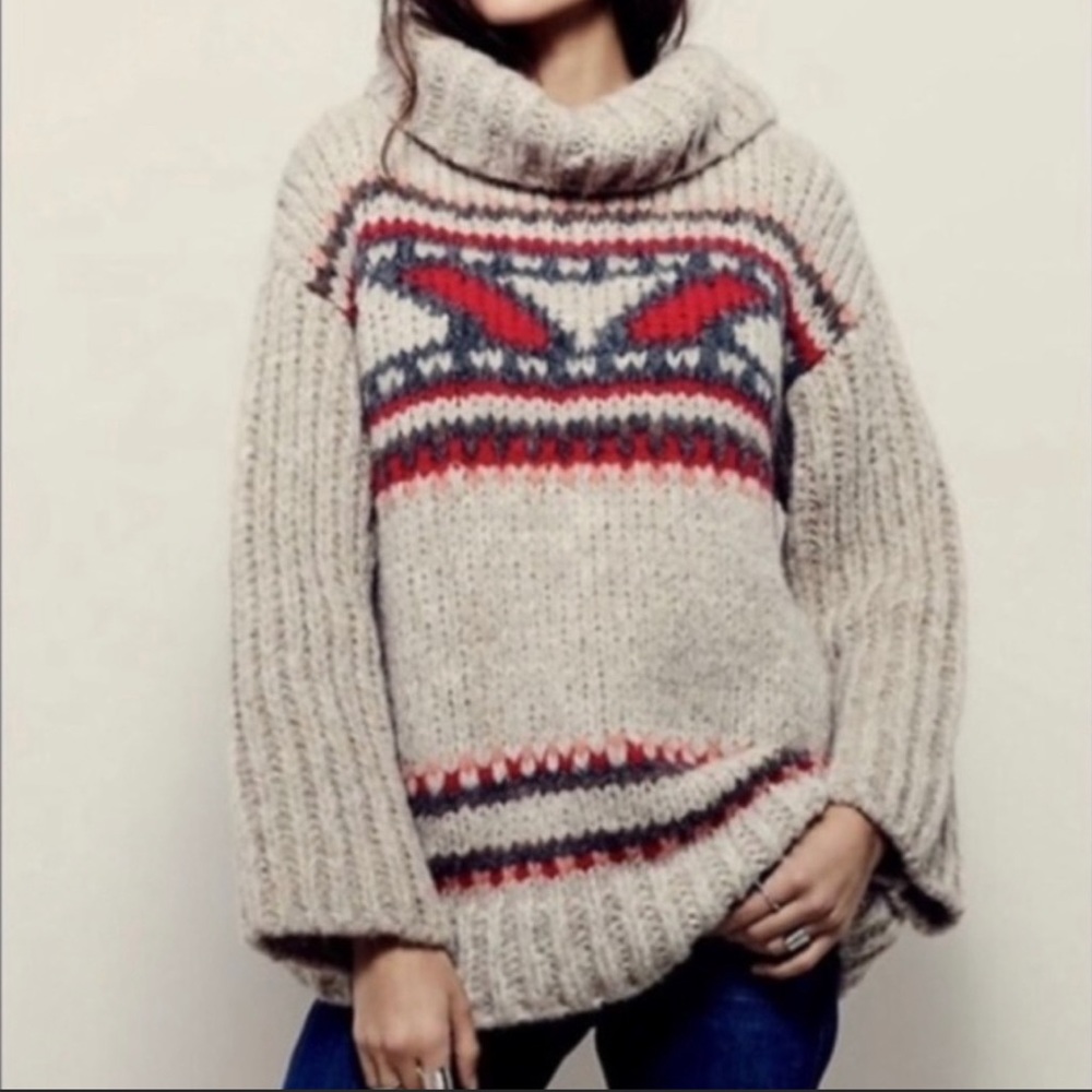 Free People Cream Cable Knit Cowl Sweater with Red & Navy Fair Isle